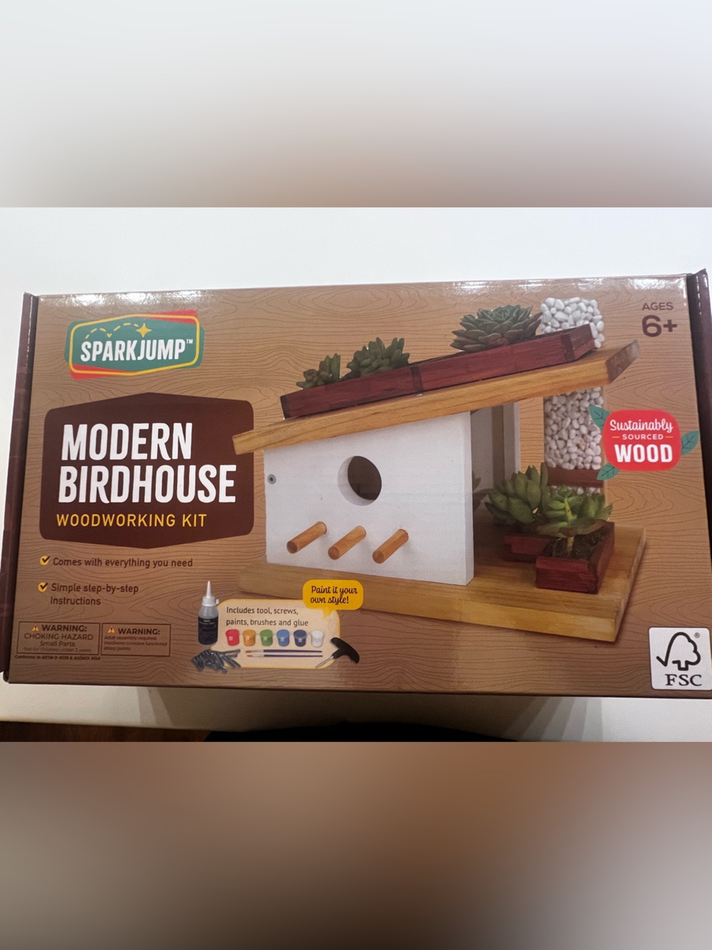 Modern Birdhouse Woodworking Kit - complete DIY birdhouse for kids & adults.